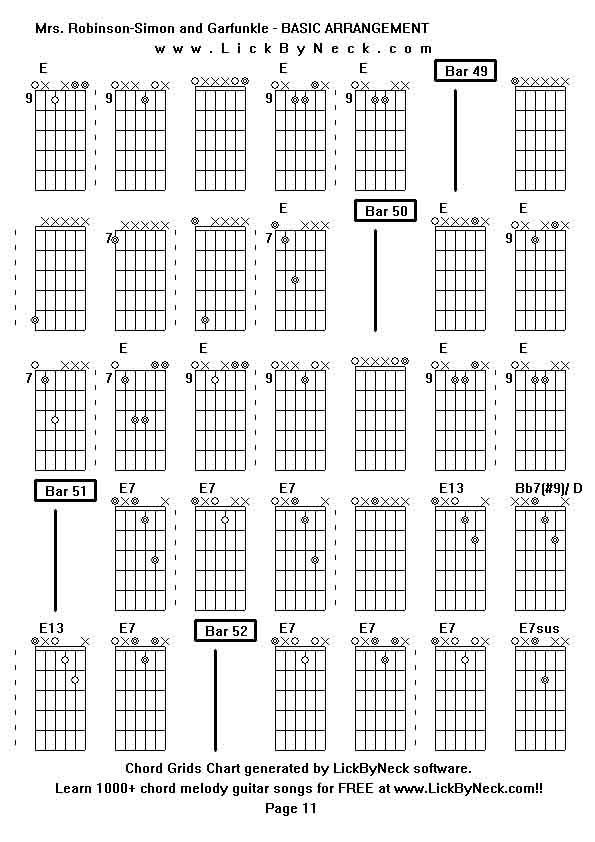 Chord Grids Chart of chord melody fingerstyle guitar song-Mrs Robinson-Simon and Garfunkle - BASIC ARRANGEMENT,generated by LickByNeck software.